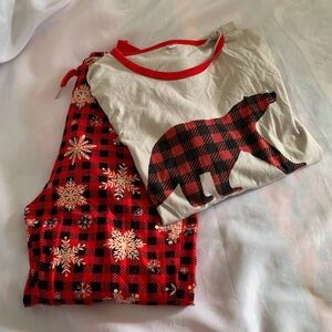 WWF Red Buffalo Plaid Bear Snowflakes Kids Large 100% Cotton Pajamas Sleepwear